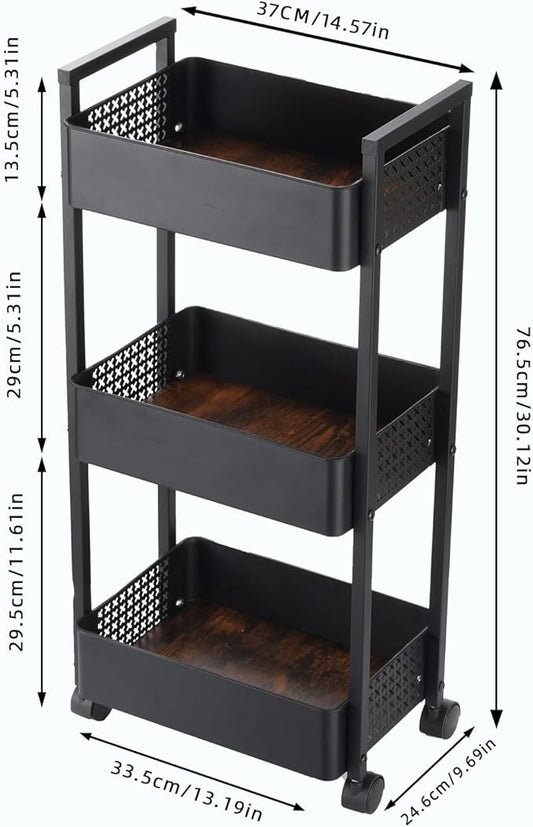 CHPHI 3 Tier Rolling Utility Cart Organizer, Stable and Sturdy Black Rolling Storage Carts with 2 Lockable Wheels,Perfect for Bathroom, Kitchen, Snack, Craft, Makeup, Baby Essentials-NeatNest