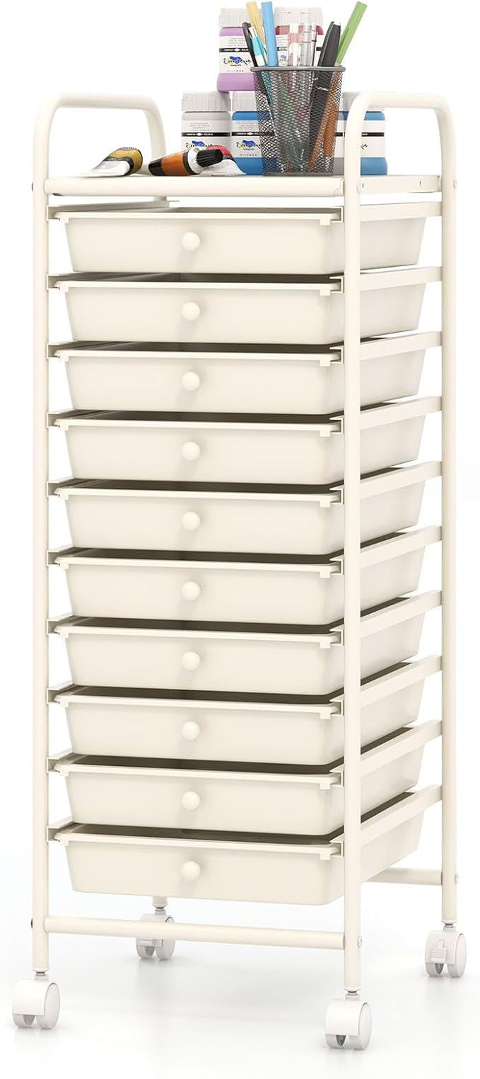 COSTWAY 10-Drawer Rolling Storage Cart, Utility Mobile Trolley with Removable Drawers & Universal Casters & 2 Brakes, Versatile Flexible Drawer Organizer Cart for Home, Office, White-NeatNest