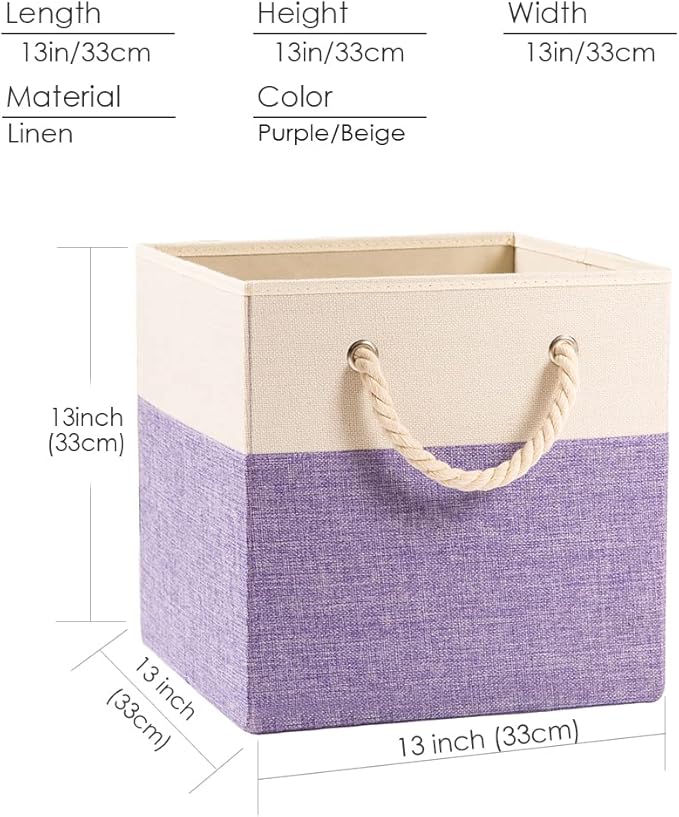 PRANDOM Large Foldable Cube Storage Bins 13x13 inch [4-Pack] Fabric Linen Storage Baskets Cubes Drawer with Cotton Handles Organizer for Shelves Nursery Closet Bedroom Purple-NeatNest