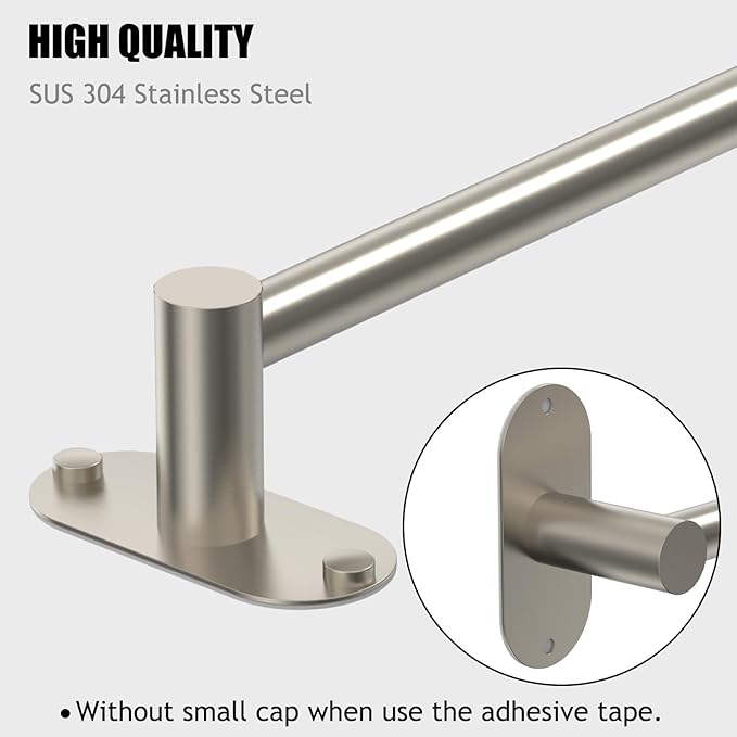 Towel Bar, Adjustable 14.4inch - 25.2inch Towel Rack, Self Adhesive & Wall Mounted for Bathroom Kitchen Hand Towel Holder Cloths SUS 304 Stainless Steel Organizer Single Bar Nickel Brushed