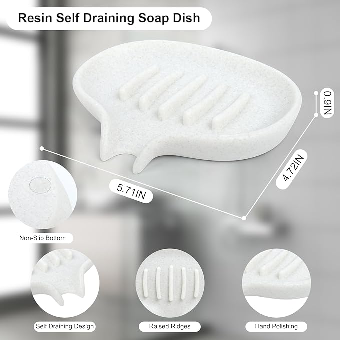 2 Pcs Soap Dish with Drain- Self Draining Bar Soap Holder for Shower, Marble Look Soap Savers Soap Tray Sponge Holder for Kitchen, Bathroom, Bathtub Sink, Crystal White-NeatNest