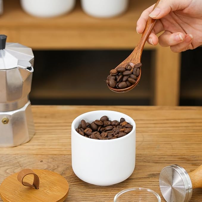 Ceramic Storage Jars, Modern Elegant Polished Airtight Gorgeous Storage Canisters with Wooden Lid Small Food Stroage Jar for Kitchen Spice Tea Vanilla Sugar Coffee Beans (3Pcs Suit White)-NeatNest
