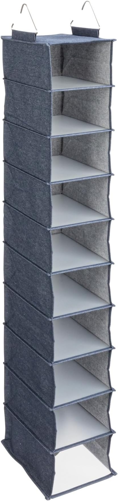 Household Essentials Hanging Narrow Cotton Blend and Plastic Closet Organizer with 10 Storage Shelves, Denim-NeatNest