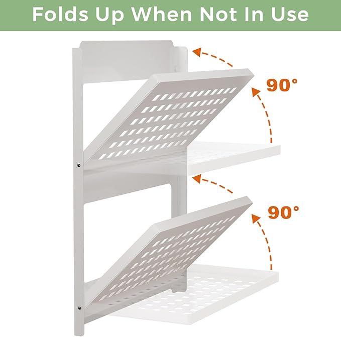 2-Tier Folding Metal Wall Shelf | Wall Mounted Stackable Floating Shelves | Fold Up 90° | Save Space | 13.4 Inch Wide | 2 Levels of Shelves for Laundry Room Bathroom Rv Utility Indoor (White)