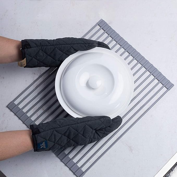 Ahyuan Large Roll up Dish Drying Rack Silicone Foldable Rack Over Sink Dishes Drainer Roll-up Sink Drying Racks Full Silicone Coated Stainless Still Dish Drying Rack (Warm Grey, 17.7''X13.13'')