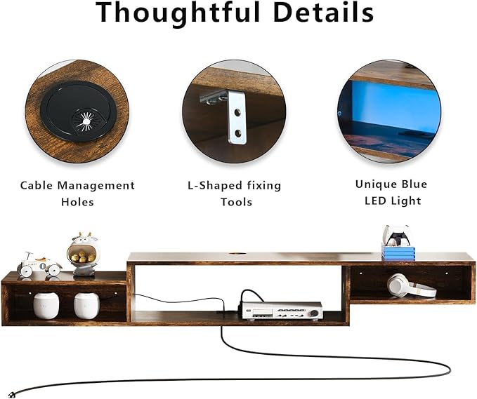 4 EVER WINNER Floating TV Shelf with LED Lights and Power Outlet, 59" TV Stand for Cable Box Audio Video, Floating Entertainment Center for Living Room, Bedroom, Rustic Brown-NeatNest
