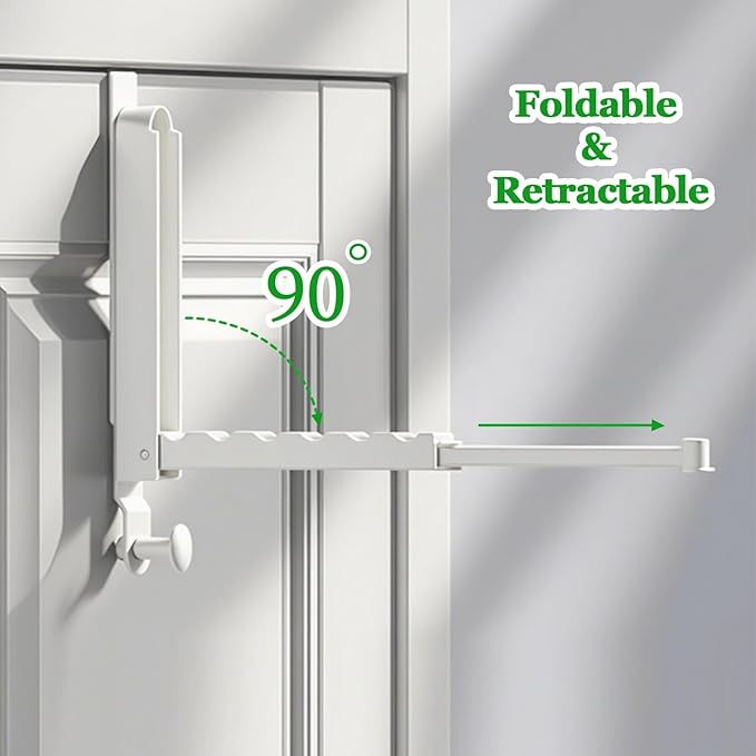 2 Pack Over The Door Hanger Folding Clothes Drying Rack,Fit Door up to 1-3/4" Optimal,Collapsible Foldable Hanging Coat Rack w/Retractable Rod,Clothing Hanger Hook for Laundry Room (White)