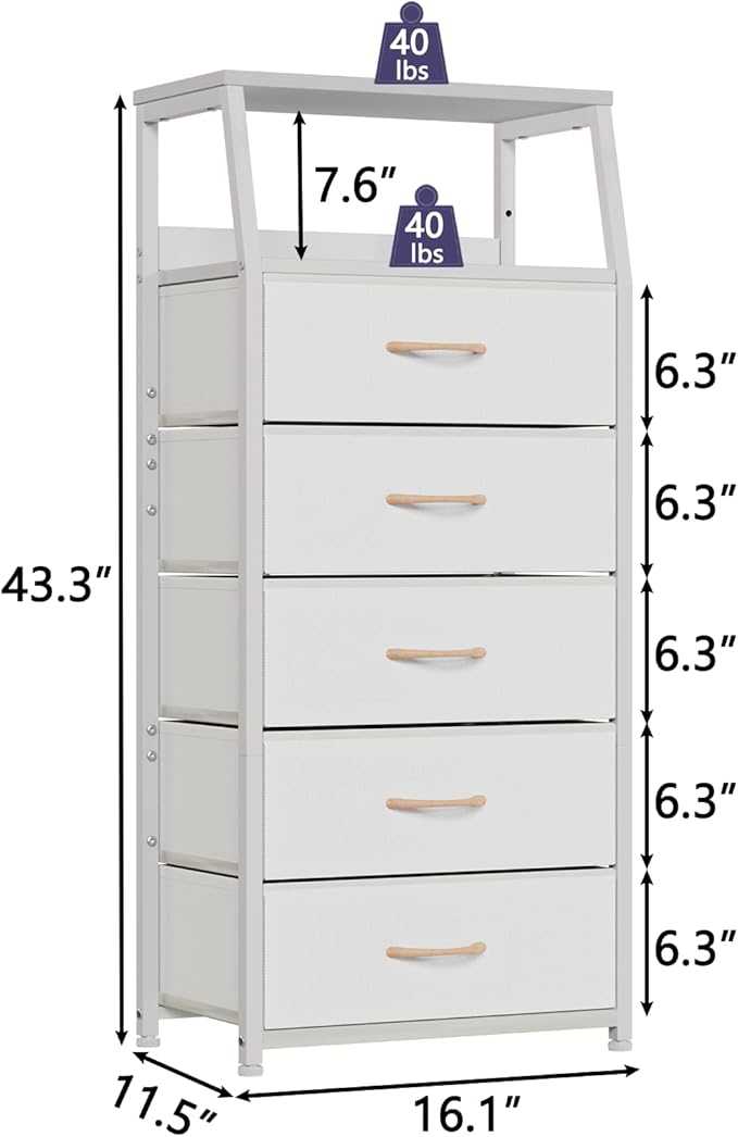 Furnulem White Dresser with 5 Drawers, Vertical Storage Tower Fabric Dresser for Bedroom, Hallway, Entryway, Nursery, Closet Organizer, Nightstand Bedside Table Furniture, Sturdy Steel Frame, Wood Top-NeatNest