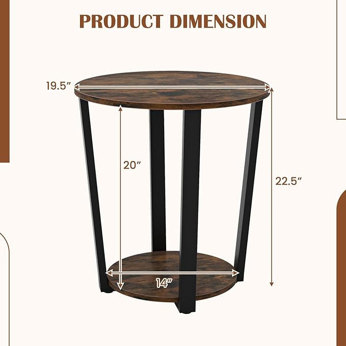 Giantex Round End Table Set of 2, 2-Tier Side Sofa Table with Open Storage Shelf and Metal Frame, Industrial Nightstand Bedside Table for Living Room, Bedroom, Accent Furniture, Rustic Brown
