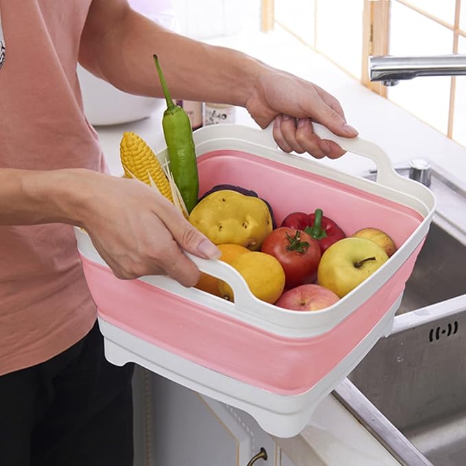 2.4 Gal(9L) Collapsible Dish Basin with Drain Plug, Space Saving Outdoor Multiuse Foldable Sink Tub, Dishpan, Kitchen Storage Tray for Camping, Vegetable Washing, RV (Pink)-NeatNest