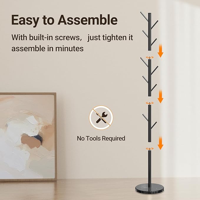 ELYKEN Coat Rack Freestanding with Natural Marble Base, Metal Coat Rack Stand with 10 Hooks, 3 Adjustable Size Coat Tree for Bags, Clothes, and Hats for Entryway, Bedroom, Hallway, Office, Black-NeatNest