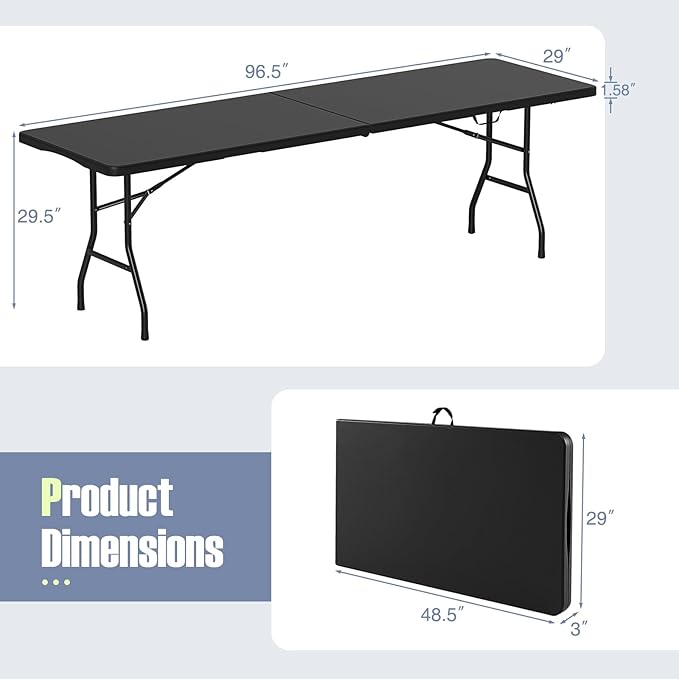 Goplus 8ft Plastic Folding Table, 350 LBS Outdoor Heavy Duty Folding Tables with HDPE Tabletop, Handle, Lock, Foldable Rectangle Portable Utility Card Table for Picnic, Party, Camping, Dining-NeatNest