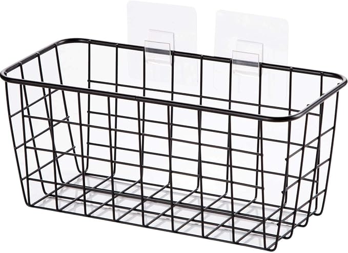 Lele No Drilling Wall Hanging Mounted Metal Wire Baskets with Free Wall Hooks, Kitchen Organization and Storage, Hanging Fruit, Set of 2 Black