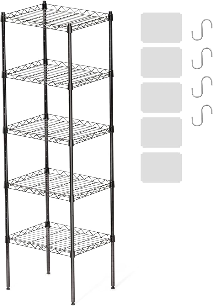 5 Tier Shelves, 16.9"x 13"x 53.9" Utility Rack Shelf, Metal Storage Shelving, Adjustable Wire Shelving Units, Heavy Duty Storage Organizer for Garage Laundry Office, Black