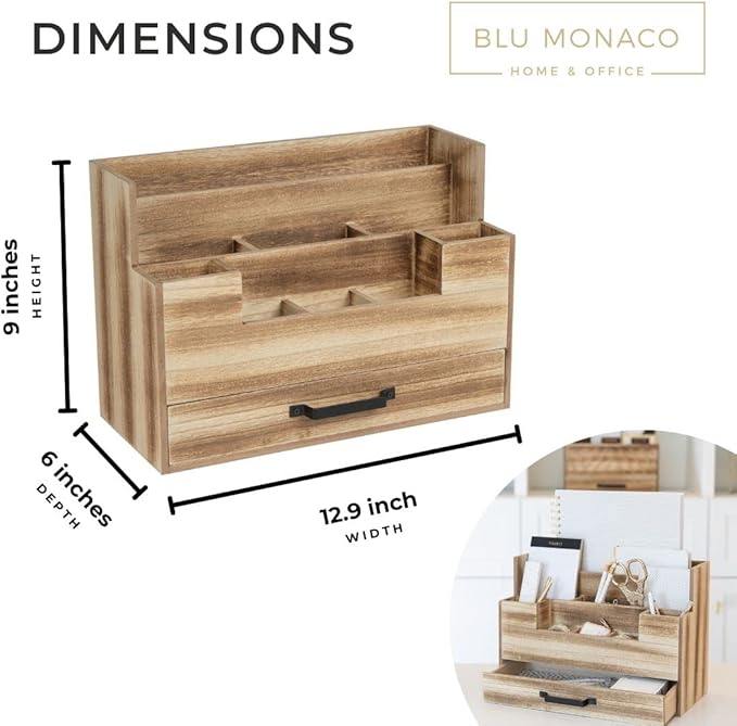 BLU MONACO Natural Wood Mail Organizer with Drawer, 5 Compartments, Desk Organizer for Women Office Desk Organization, 12.9x5.7x9 inches, 4.1 pounds-NeatNest