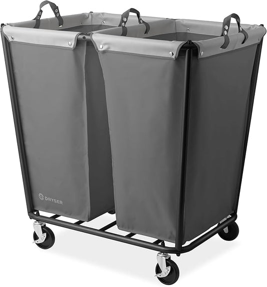 Dryser Divided Commercial Heavy-Duty Rolling Laundry Hamper, Steel Frame Cart on Wheels with 2 Section Removable Canvas Bins for Hotel or Home - Gray