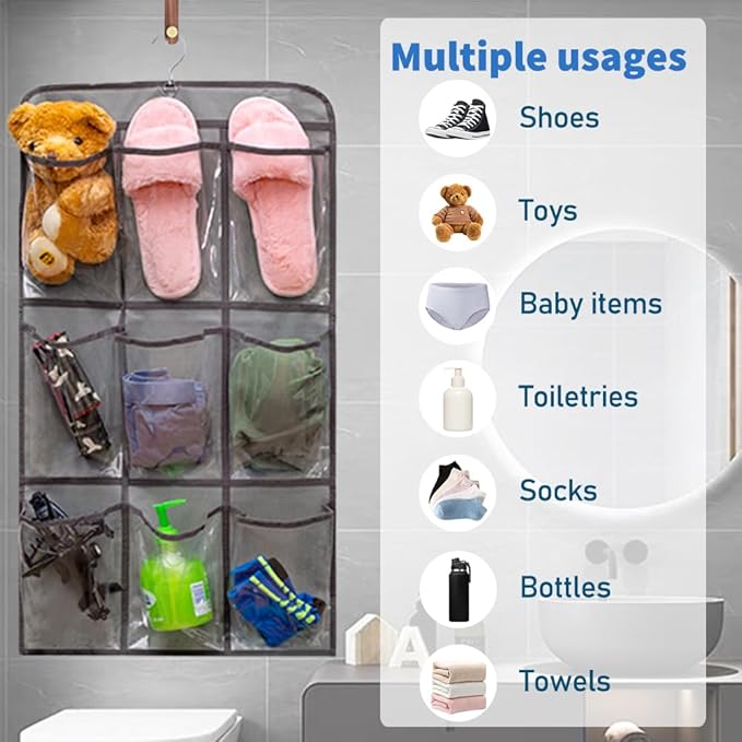 2 Pcs Closet Organizer Dual Sided Hanging Shoe Storage Bag Underwear Socks Holder with 18 Pockets (CLEAR POCKETS)-NeatNest