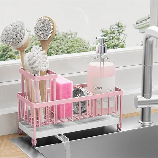 Cisily Pink Sponge Holder for Kitchen Sink, Sink Caddy Organizer with High Brush Holder, Countertop Organizers and Storage Essentials, Rustproof 304 Stainless Steel, Pink kitchen Accessories and Decor-NeatNest
