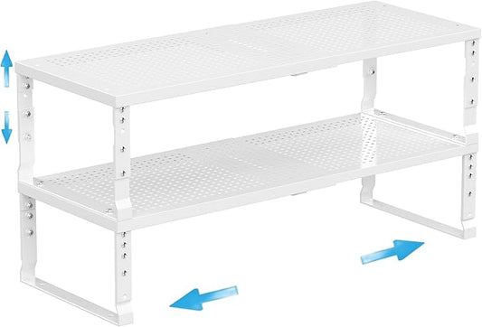 Expandable Spice Rack Kitchen Cabinet Shelf Organizer, Stackable Storage Shelves Racks, Adjustable Counter Shelving for Cabinets, Countertop, Cupboard,Pantry and More(2Packs/White/Large)-NeatNest