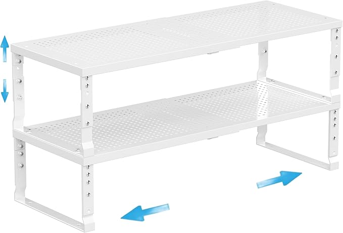 Expandable Spice Rack Kitchen Cabinet Shelf Organizer, Stackable Storage Shelves Racks, Adjustable Counter Shelving for Cabinets, Countertop, Cupboard,Pantry and More(2Packs/White/Medium)-NeatNest