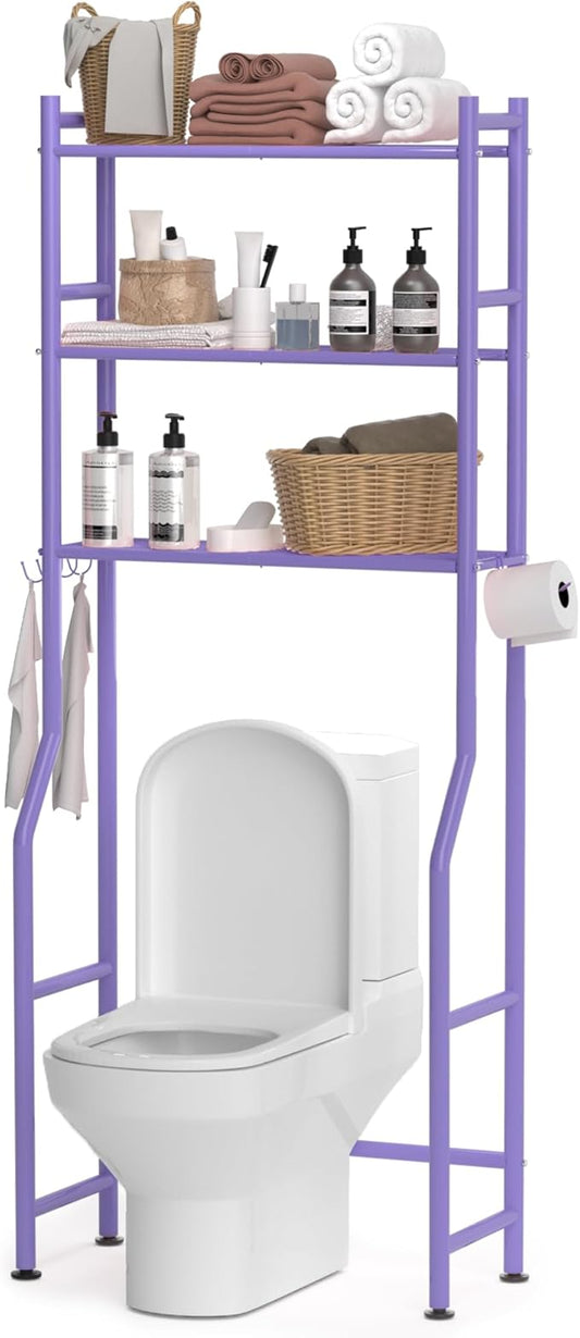 3-Tier Over The Toilet Storage, Space Saver Metal Bathroom Shelves, Freestanding Above Over Toilet Storage Shelf with 4 Hooks for Bathroom, Purple-NeatNest