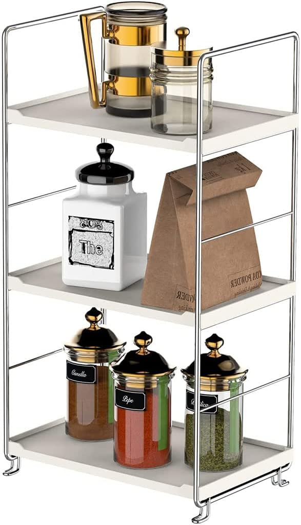 3-Tier Bathroom Countertop Organizer -Makeup Organizer -Corner Storage Shelf- Kitchen Spice Rack Standing Shelf-Great for Vanity, Bathroom, Bedroom, Kitchen (Silver & White)-NeatNest