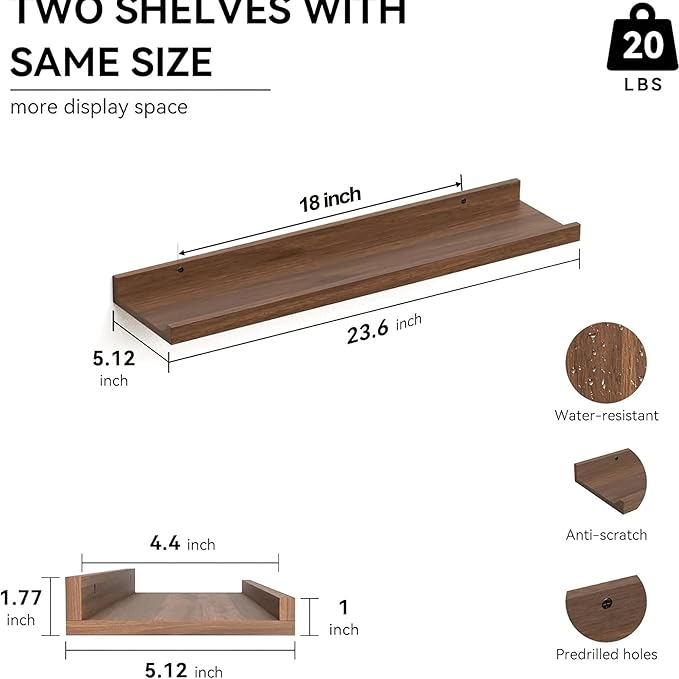 23.6 Inches Long Floating Shelves Wall Mounted, 2 Set Farmhouse Wall Shelf for Bedroom, Nursery Book Shelf with Lip, Picture Ledge Shelf for Wall Decor Living Room Bathroom Kitchen- Walnut-NeatNest
