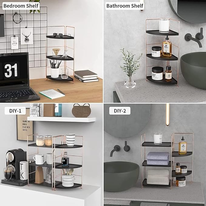 3-Tier Bathroom Countertop Organizer, Vanity Tray Cosmetic & Makeup Storage, Kitchen Spice Rack Standing Shelf, Corner Storage Shelf, Black & Rose Gold-NeatNest