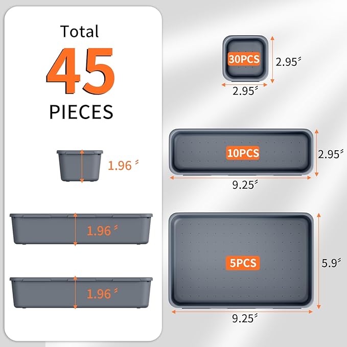 45 Pack Desk Drawer Organizer Tray, 3 Sizes Plastic Drawers Organizer Storage for Kitchen, Bathroom, Office, Vanity, Makeup, Utensils, Junk Drawer Organizer Bins, Gadget Trays for Organizing, Grey-NeatNest