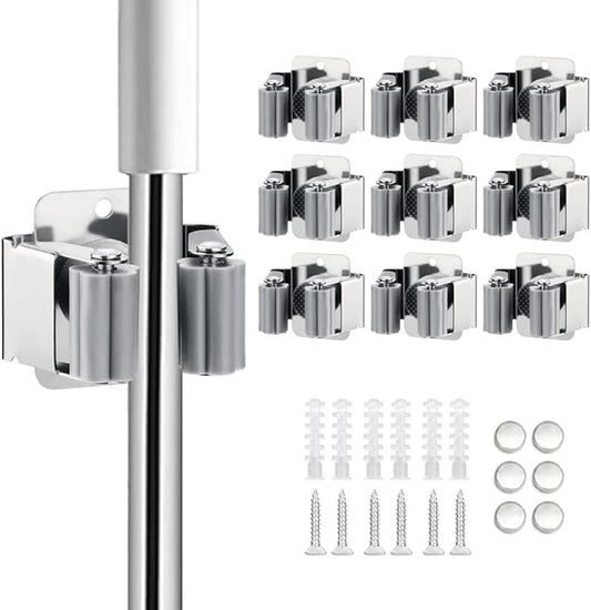 9PCS Broom and Mop Holder, Heavy Duty Garden Tool Organizer Rack Rake and Shovel Handle, Stainless Steel Mop Hanger. Screws for Wall Mounted. Silver.-NeatNest