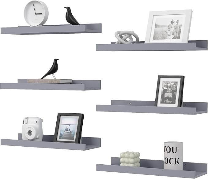 Floating Shelves Set of 6, Grey Wall Shelves with Lip, Display Shelves for Wall Decor, Modern Picture Ledge for Living Room, Bedroom, Nursery, Bathroom, Pictures, Books, Plants- Grey-NeatNest