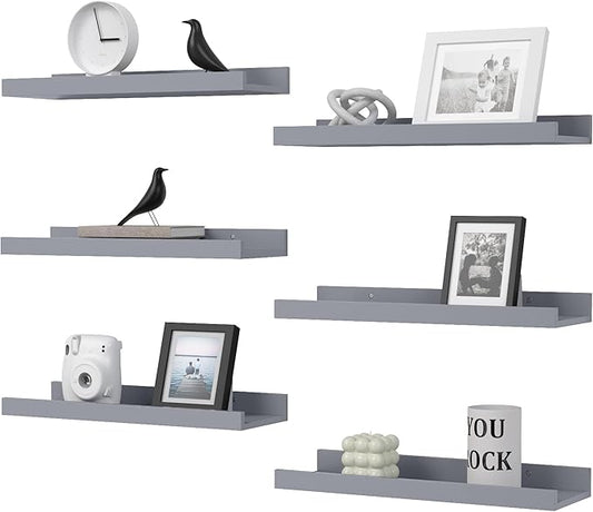 Floating Shelves Set of 6, Grey Wall Shelves with Lip, Display Shelves for Wall Decor, Modern Picture Ledge for Living Room, Bedroom, Nursery, Bathroom, Pictures, Books, Plants- Grey-NeatNest