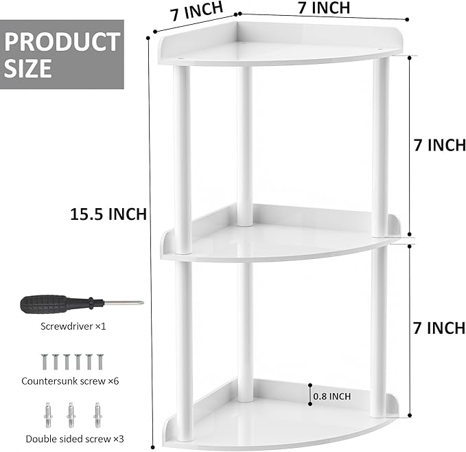 3 Tier Countertop Corner Organizer Shelf 7x7x15.7 Inch, White Countertop Acrylic Bathroom Corner Shelf, Vanity Storage Organizer for Cosmetics, Toiletries-NeatNest