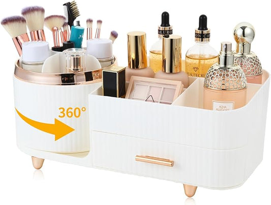 Makeup Organizer Countertop with Drawer 360 Rotating Brush Holder Storage Large Capacity Skincare Cosmetic Display Cases for Vanity Bathroom Desktop, Model 3016 White-NeatNest