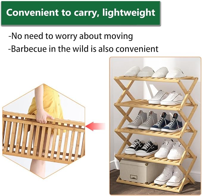 5 Tier Bamboo Shoe Rack,Portable Folding Shoe Storage Rack,Without Installation Small Shoe Rack Perfect for Corridors, Bedrooms and Small Spaces (5 Tier)-NeatNest