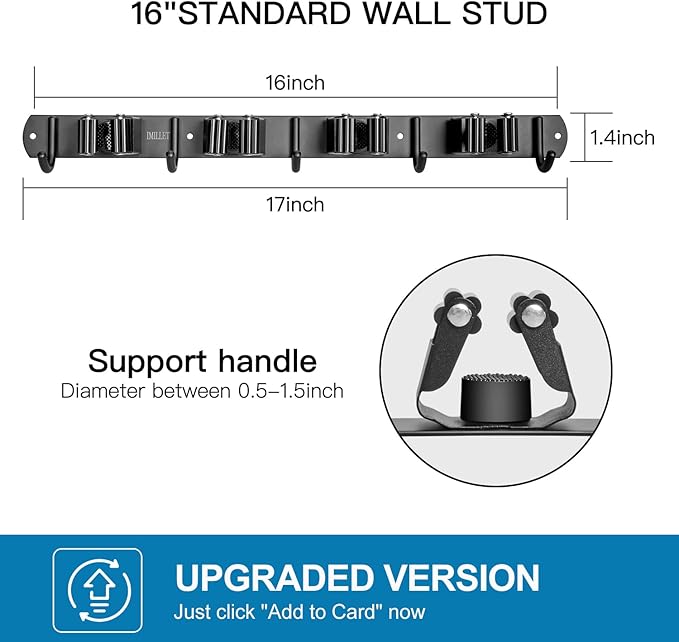IMILLET 2 Pack Broom and Mop Holder Wall Mounted, Broom Holder Stainless Steel Broom Organizer Heavy Duty Tools Organizer Self Adhesive for Laundry Room Garage Garden（4 Racks and 5 Hooks）-NeatNest