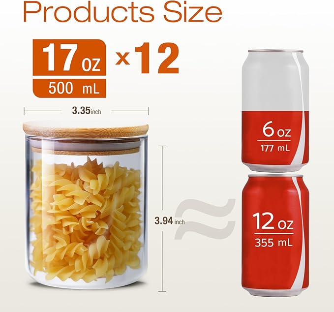 Glass Jars with Bamboo Lids 17 FL OZ [Set of 12], Glass Canisters with Airtight Lids, Glass Food Storage Containers for Spice, Coffee, Sugar, Tea, Candies, Cookies,Best for Kitchen & Pantry-NeatNest