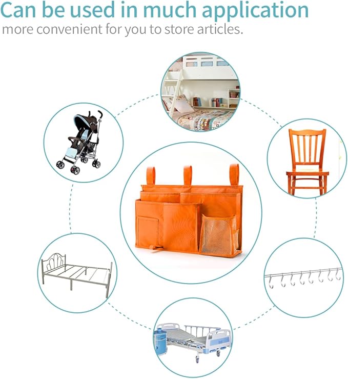 Bseash Bunk Bed Organizer, Bedside Caddy Hanging Bed Organizer Storage Bag 8 Pockets, for College Dorm Rooms Bed, Hospital Bed, Baby Bed Rails, 600D Oxford Cloth (Orange)-NeatNest