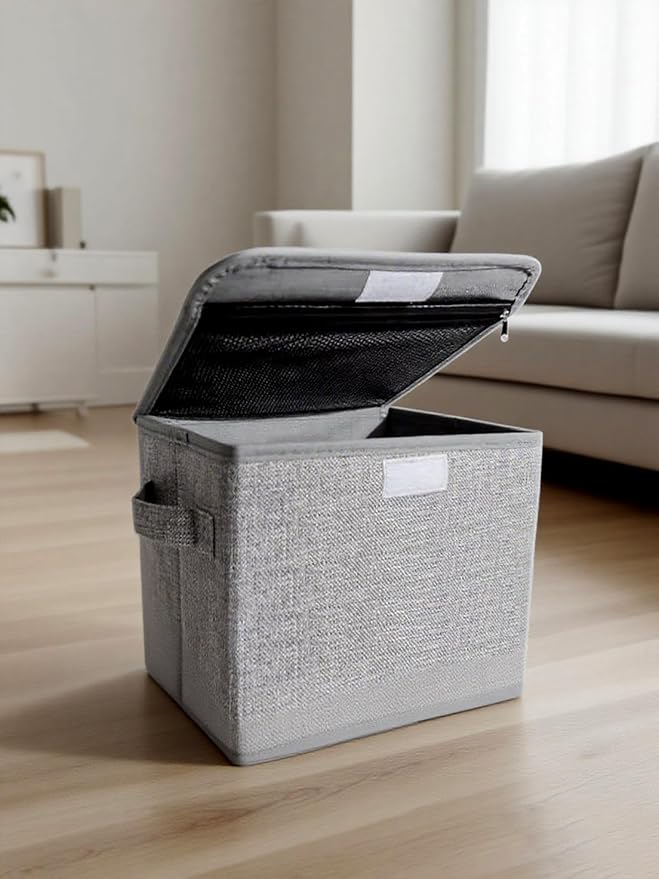 2 Pack Small Storage Box, Storage Basket with Lid, Foldable Cotton Linen Fabric Keepsake Box, Organizer Container with Zipper for Decorative, Medicine, Greeting Card Organizer.(Gray)-NeatNest