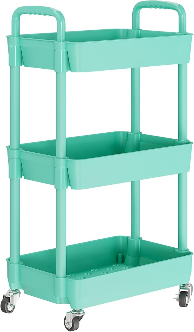 Laiensia 3-Tier Rolling Cart with Wheels,Multifunction Utility Storage carts, Kitchen Storage Organizer,Mobile Shelving Unit for Bathroom,Laundry,with Classified Stickers,Green-NeatNest