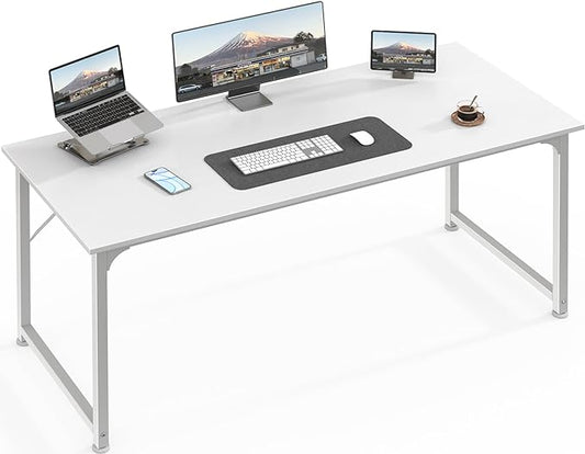 Huuger Computer Desk, 55 Inch Home Office Desk, Gaming Writing Work from Home Study Desk, Large Legroom, Sturdy Metal Frame, Modern Simple, White-NeatNest