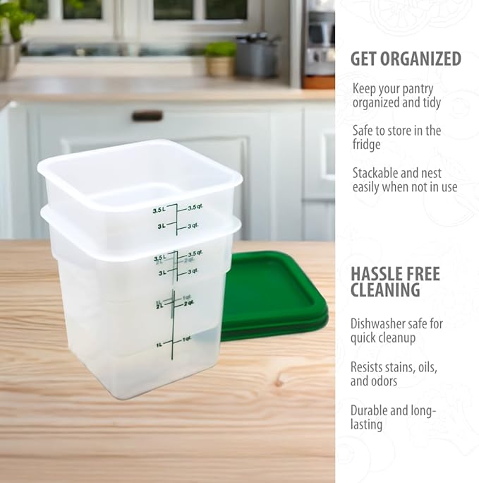 Cambro Food Storage Container with Lid (Microwave Safe and BPA-Free) - 2 Pack - Classic Series Square with Green Lid - 4 QT (Quart) - Commercial Grade for Food Prep (Translucent)-NeatNest