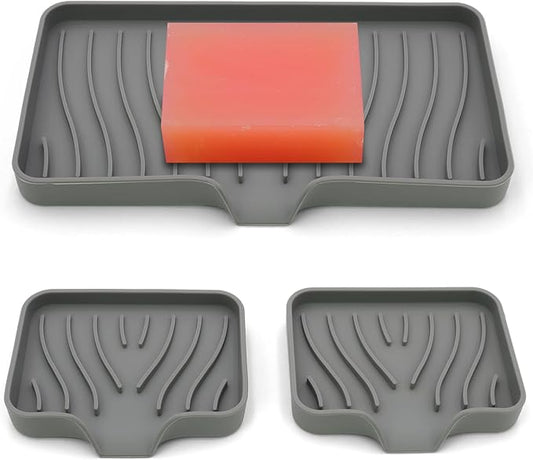 3-Pack Silicone Soap Dish, Sponge Holder for Sink, Kitchen Soap Tray, Bathroom Soap Holder, Sponge Tray with Drain (Grey)-NeatNest