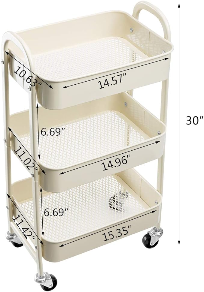 AGTEK Makeup Cart, Movable Rolling Organizer Cart,3 Tier Metal Utility Cart, Beige-NeatNest