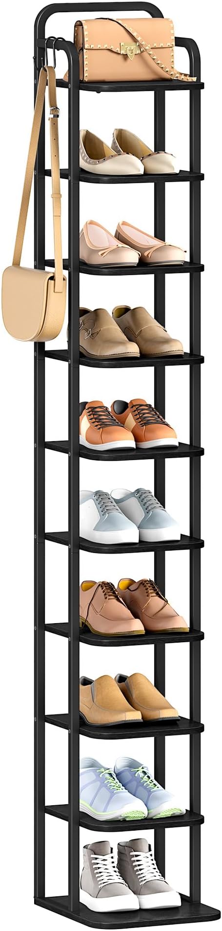 Vertical Shoe Rack, Shoe Shelves, Wood Shoe Organizer for Closet, Entryway, Shoe Tower for Small Spaces, Free Standing, Adjustable, with 2 Hooks, 10 Tier Black SR11204B-NeatNest