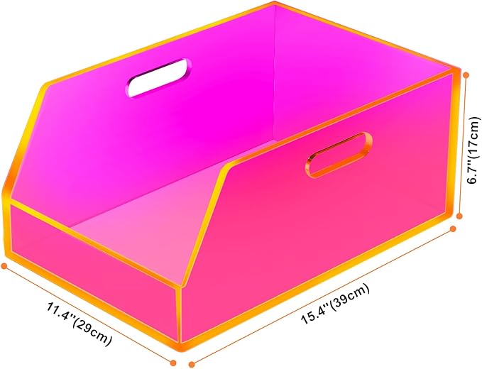 Gelite Stackable Large Storage Bin Organizer with Handles Acrylic Storage Container for Toy Pantry Kitchen Cabinet Bathroom Closet Office Organization, 15.4x11.4x6.7'', Neon Pink
