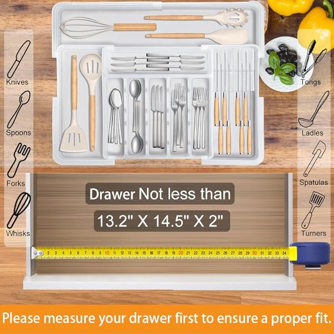 Homecor Silverware Organizer for Kitchen Drawer, Expandable Utensil Drawer Organizer with 2 Knife Block, Flatware and Cutlery Holder, Adjustable Plastic Storage for Spoons Forks Knives