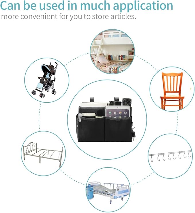 Bunk Bed Organizer, Bedside Caddy Hanging Bed Organizer Storage Bag with 4 Pockets and 2 Hooks, for College Dorm Rooms Bed, Hospital Bed, Baby Bed Rails, 600D Oxford Cloth (Black)-NeatNest