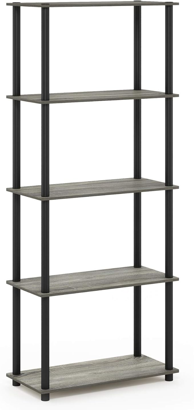 Furinno Turn-N-Tube 5-Tier Multipurpose Shelf / Display Rack / Storage Shelf / Bookshelf, Round Tubes, French Oak Grey/Black-NeatNest