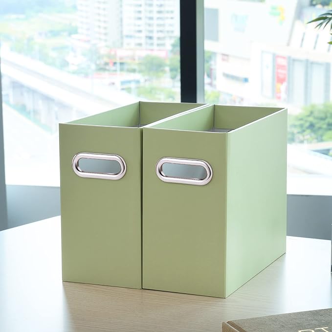Oterri File Organizer, 2 Packs Small Storage Box, Cardboard File Folder Organizer, Collapsible File Box for Hanging File Folders Letter Size, Portable Filing Organizer with Handle (Green)